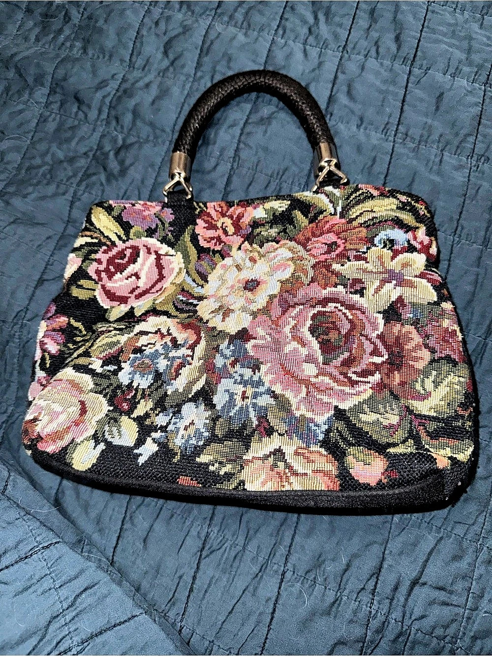 Floral Tapestry Satchel in Black & Pink